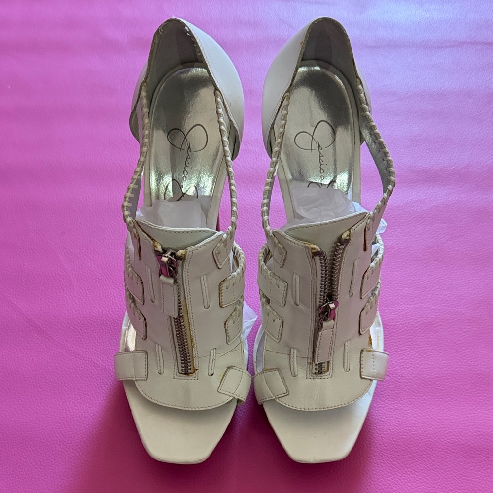 Jessica Simpson White Leather Zip-Front Braided Slingback 5 inches Heels